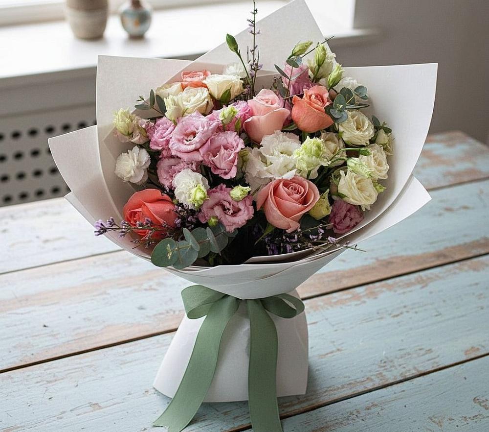 Букет цветов из: Розы, Лизиантусы и Гвоздики в Октябрьском Ульяновской области