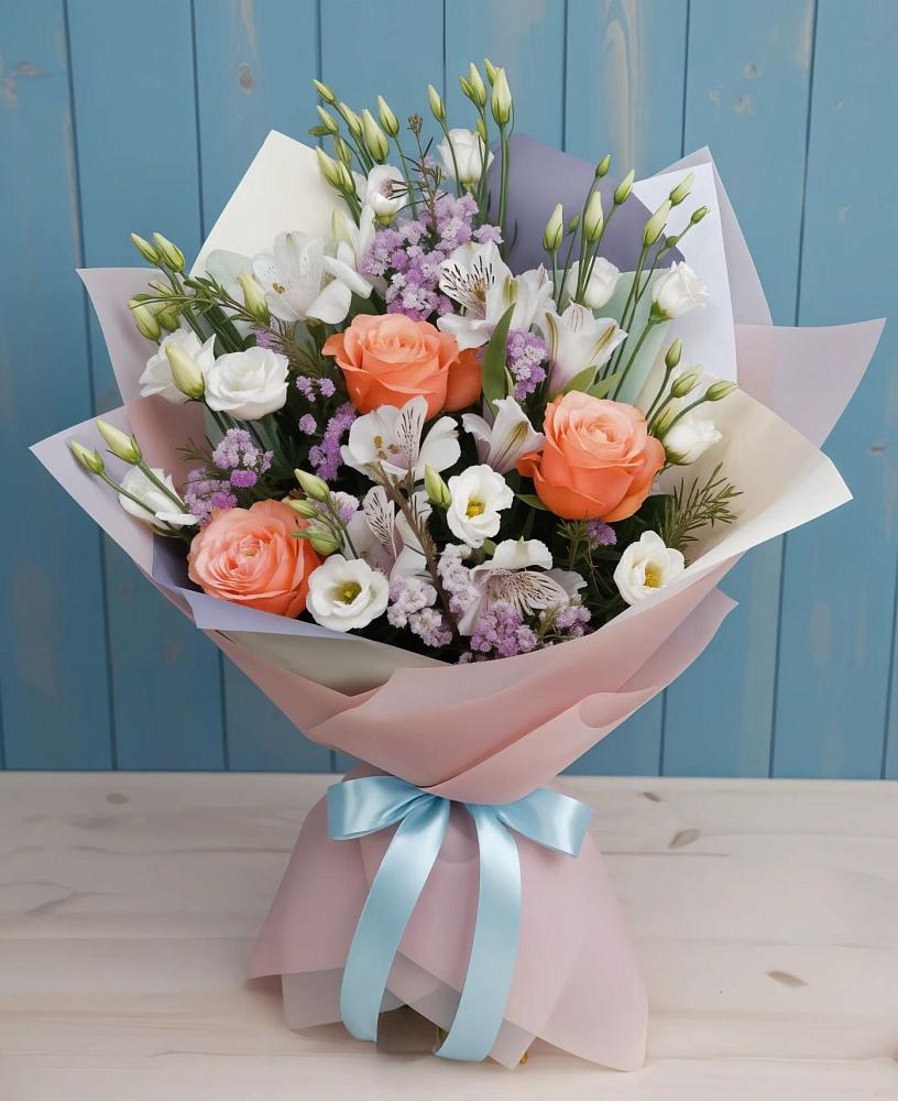 Букет цветов из: Лизиантусы, Розы, Альстромерии и Гипсофила в Октябрьском Ульяновской области