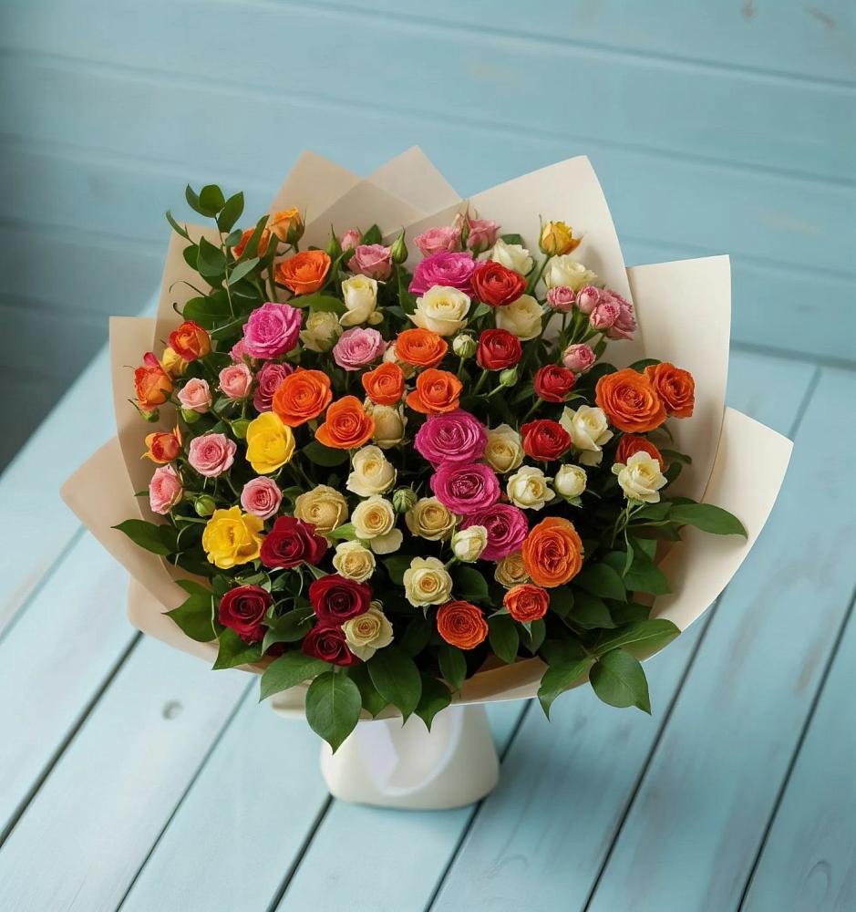 Букет Микс из разноцветных кустовых роз в Октябрьском Ульяновской области