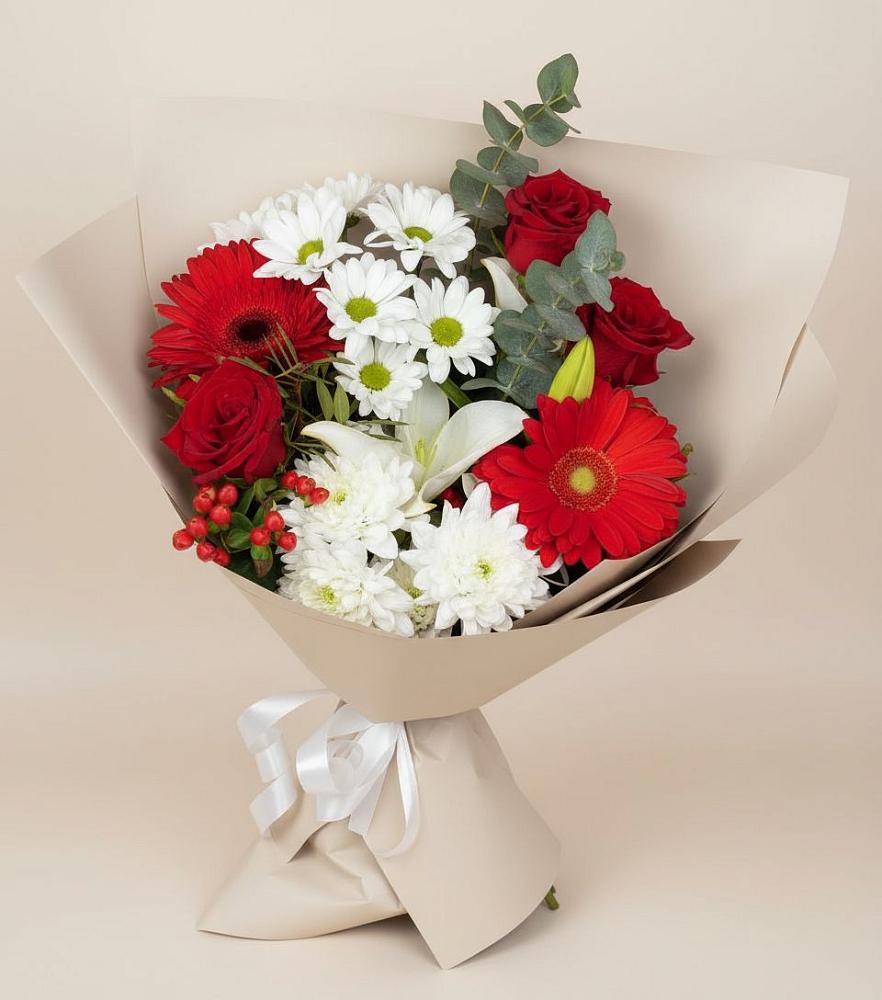 Букет цветов из: Розы, Хризантемы, Герберы и Лилии в Октябрьском Ульяновской области